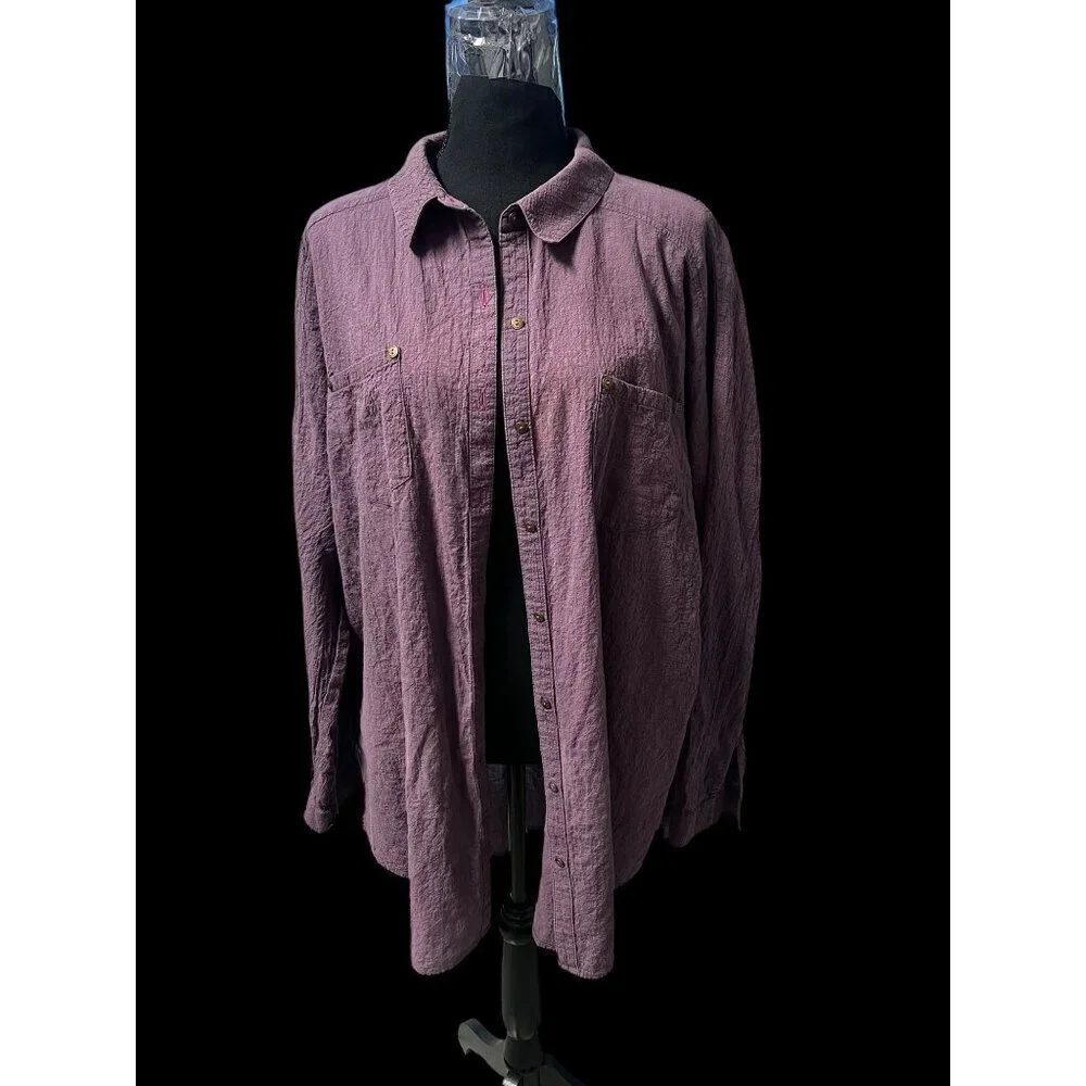 FREE PEOPLE Womens MEDIUM Textured Purple Button-Up Shirt With Pockets BEACH REL